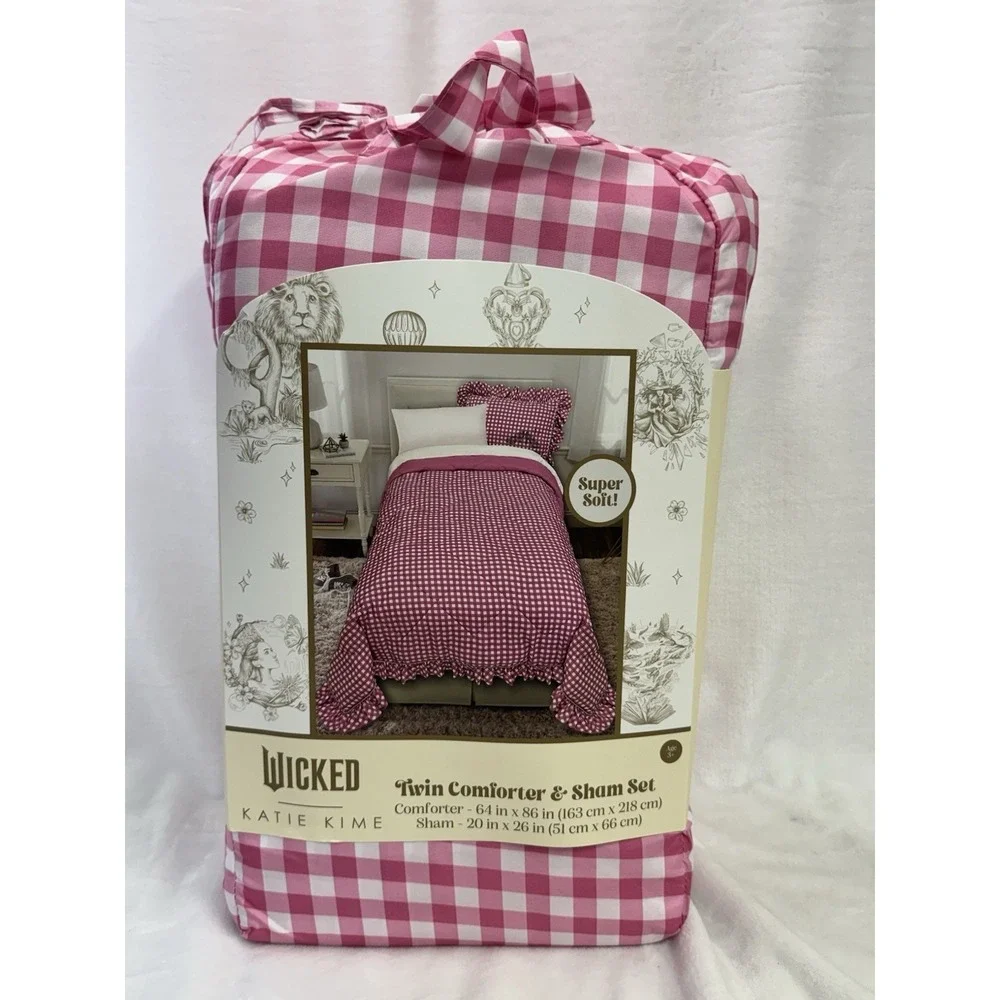 Wicked: For Good x Katie Kime Twin Comforter And Sham Set Pink And White New